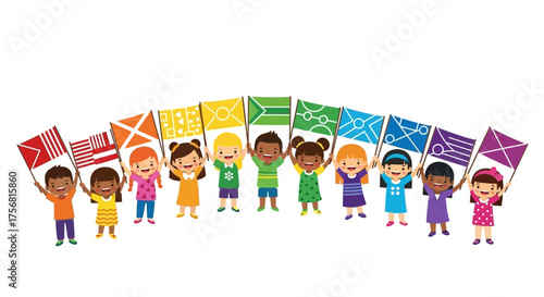 Diverse Children Celebrate Togetherness Holding Flags with Varied Designs Representing Unity
