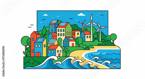 Vibrant coastal community embracing sustainable energy solutions and picturesque scenery