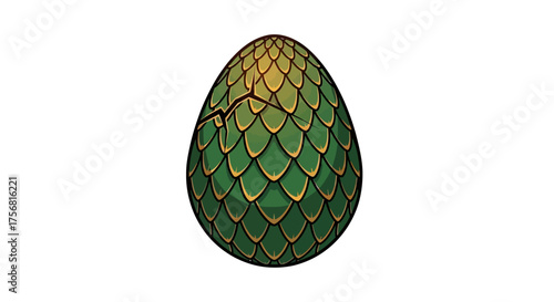 Stylized green dragon egg with scales and crack indicating hatching process starting
