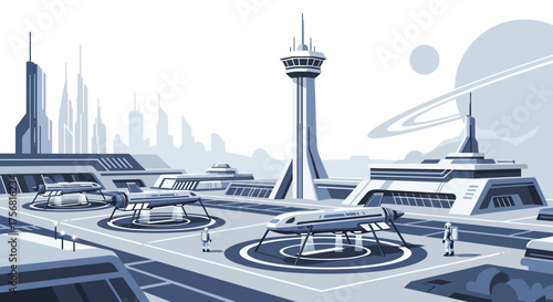 Futuristic spaceport scene depicting docking spacecrafts and a vibrant city skyline