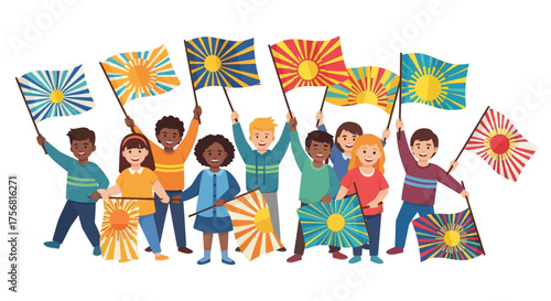 Group of Diverse Children Joyfully Holding Sun Flags in a Cheerful Display of Unity
