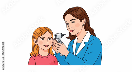 Pediatrician examining child's ear with otoscope, healthcare checkup and wellness promotion routine