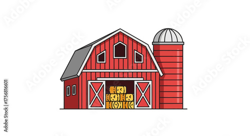 Charming red barn with hay bales and a silo, showcasing rural farm life and agriculture in a