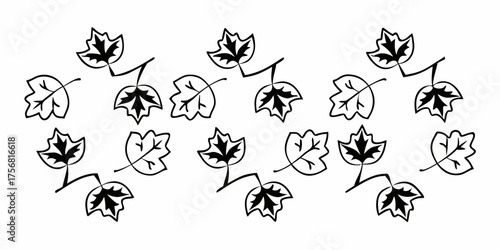 Vector scattered black and white leaf pattern with assorted leaf shapes and branch segments across the image plane