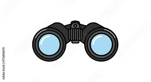 Illustration of black binoculars with blue lenses on a white background for observation