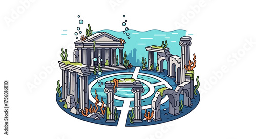 Submerged ancient civilization ruins featuring architectural elements and marine life illustration