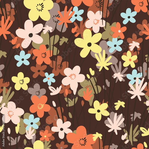 Seamless floral pattern based on traditional folk art ornaments. Colorful flowers on color background. Scandinavian style. Sweden nordic style. Vector illustration. Simple minimalistic pattern.