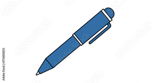 Stylized vector illustration of a blue ballpoint pen on a clean white backdrop