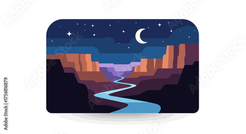Grand canyon at night in a minimal illustrated style and full of wonder and serene atmosphere