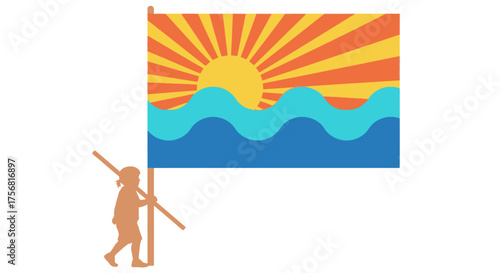 Little trailblazer carrying the sunrise flag with ocean wave design proudly displayed