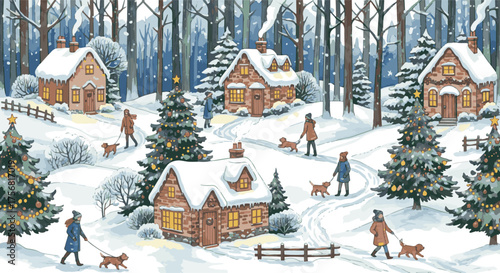 Create a Winter seamless forest landscape with cottages, christmas trees, peoples and dogs. Watercolor Christmas pattern for textile, wrapping paper or background, hand drawn winter vector art.
