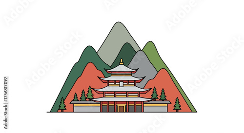 Stylized pagoda illustration with mountain backdrop evoking serene contemplation of oriental