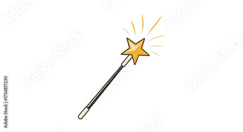Whimsical magic wand illustration with golden star and radiating light beams for enchantment