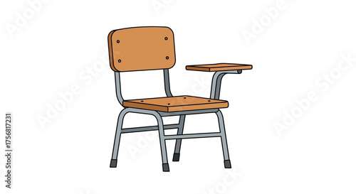 Illustration depicting a vintage-style school chair with wooden seat and attached writing surface