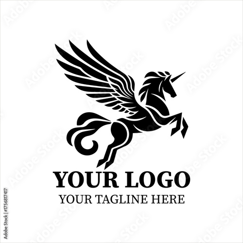 Pegasus Logo Vector – Minimalist Black Silhouette of Mythical Winged Horse in Graceful Flight, Flat 2D Design for Elegant Branding and Fantasy Concepts