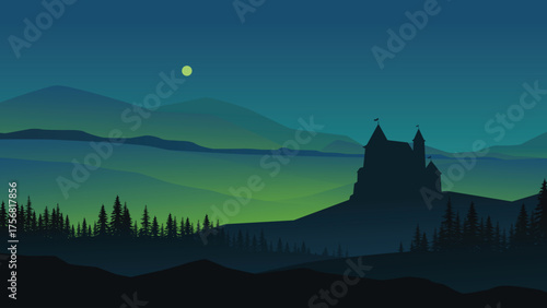 a castle at night with green lights