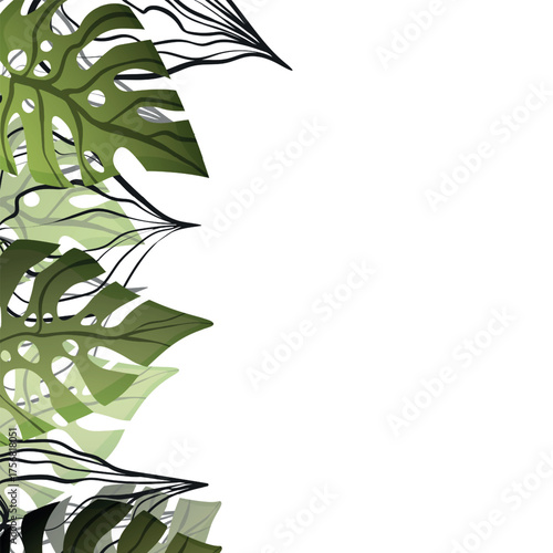 Floral frame with colorful exotic branches on white background. Ornate border with tropic leaves. Vector stock illustration for wallpaper, posters, card. Doodle style. Copy space.