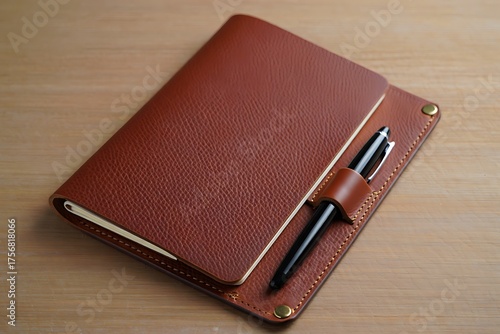 Classic brown leather journal with a sleek black pen