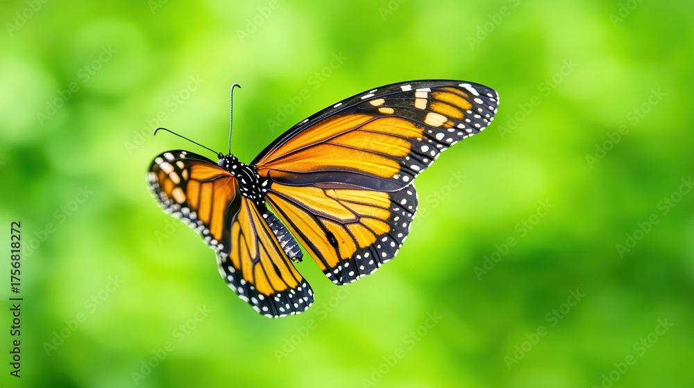 Fototapeta premium butterfly concept. Vibrant Monarch Butterfly Flying Against Soft Green Background in Nature with Delicate Wings and Stunning Color Patterns
