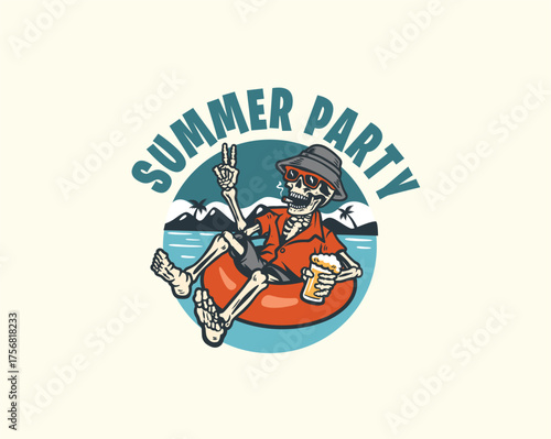 skeleton beach party relax a drink beer illustration