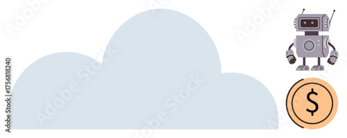 Cloud network paired with a robot and a dollar sign, symbolizing AI integration, technology, financial strategy, business growth, automation, cloud computing, innovation. Perfect for a simple flat