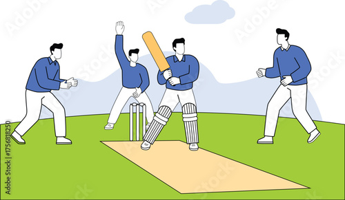 Cricket Batsman and Bowler with Fielders