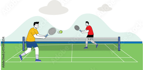 Competitive Tennis Match in Minimalist Flat Design