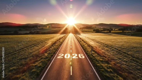 Long Straight Road Leading Toward Sunrise With 2026 Number Symbolizing New Year Future Journey And Success Vision