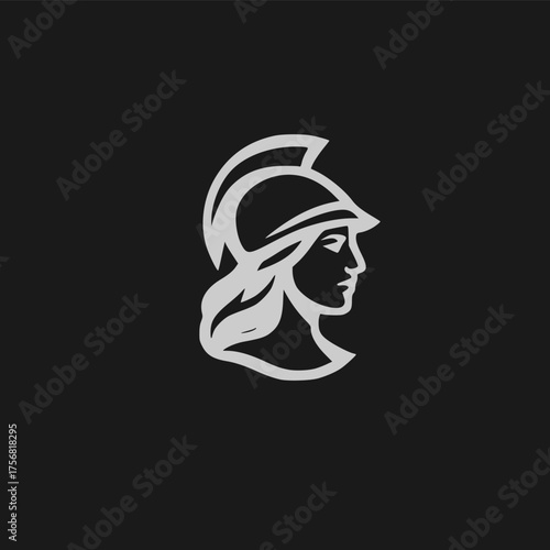 Elegant profile of a powerful ancient goddess or female warrior wearing a classic Spartan helmet, vector icon design