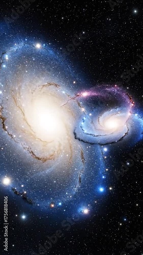 Spiral galaxies colliding in deep space cosmic visuals and celestial bodies