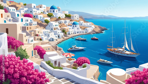 Vibrant greek island village overlooking azure sea with sailboats
