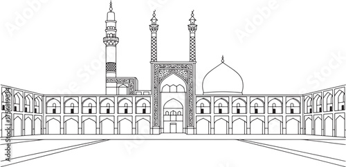 Grand mosque detailed outline architectural drawing domes and arches transparency