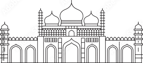 Outline architectural drawing of mosque minarets domes transparent background