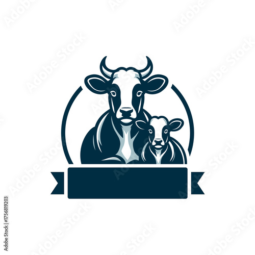 Stylized Cow and Calf Illustration with Ribbon Banner in Blue Tones