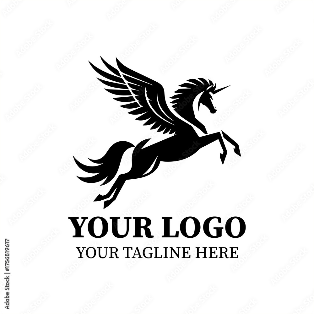Obraz premium Pegasus Logo Vector – Minimalist Black Silhouette of Mythical Winged Horse in Graceful Flight, Flat 2D Design for Elegant Branding and Fantasy Concepts