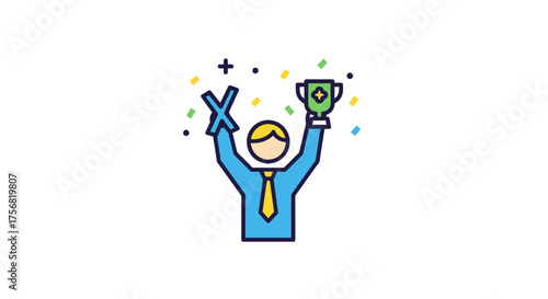 Celebratory illustration of a businessman holding a trophy amidst falling confetti