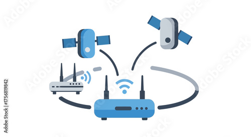 Illustration depicting satellite internet connection with routers and wireless signal transfer