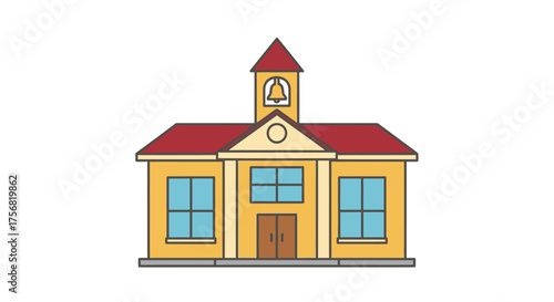 Cartoon style illustration featuring a classic schoolhouse facade on a clean white backdrop