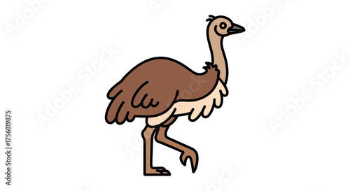 Cartoon illustration of a walking ostrich with a long neck and cartoon style design isolated