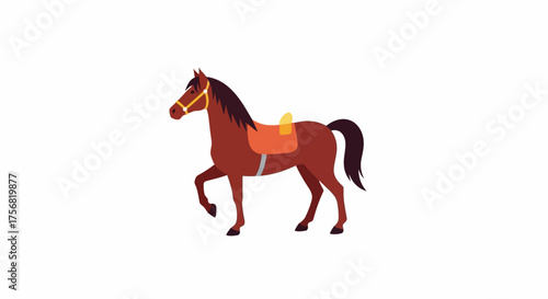 Elegant equestrian friend: a brown horse with saddle trotting forward gracefully