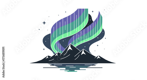 Stylized vector illustration of aurora borealis over mountain landscape with reflections creating