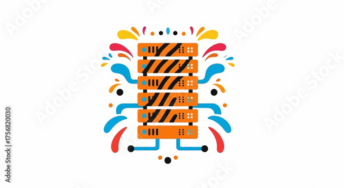 Vibrant server stack decorated with colorful splashes for technology concepts and data storage