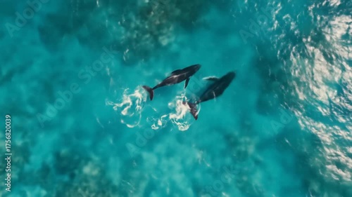Aerial view of two whales swimming in bright turquoise water, creating white water trails