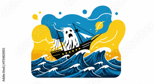 Stylized ghost ship voyage across a wavy ocean with bright sun and moon accents