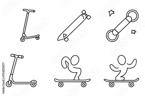 Skate icons set. set of skate outline icons such as kick scooter, skateboard, skating. one line Icon drawing with white background