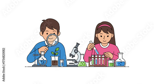 Engaging young minds: Cartoon illustration of children exploring science with laboratory equipment