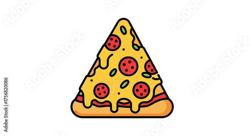 Delicious triangle slice of pepperoni pizza with melted cheese and olives illustration