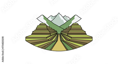 Stylized agricultural landscape depicting terraced fields and mountains illustration