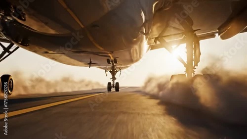Airplane Landing Gear Touching Runway With Dust And Sunlight Scene Showing Aviation Power Speed And Travel Energy