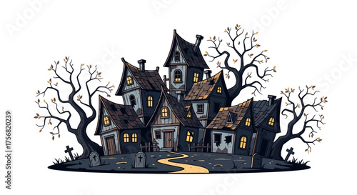 Cartoonish haunted house with spooky trees and tombstones for halloween background